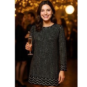 Michael Kors Black Sheath Dress Womens Small Long Sleeve Silver Metallic Goth